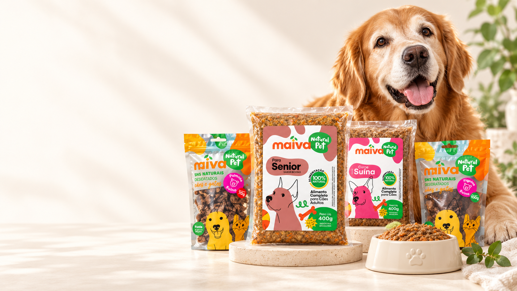 Golden retriever com a linha de alimentação natural e snacks Maiva