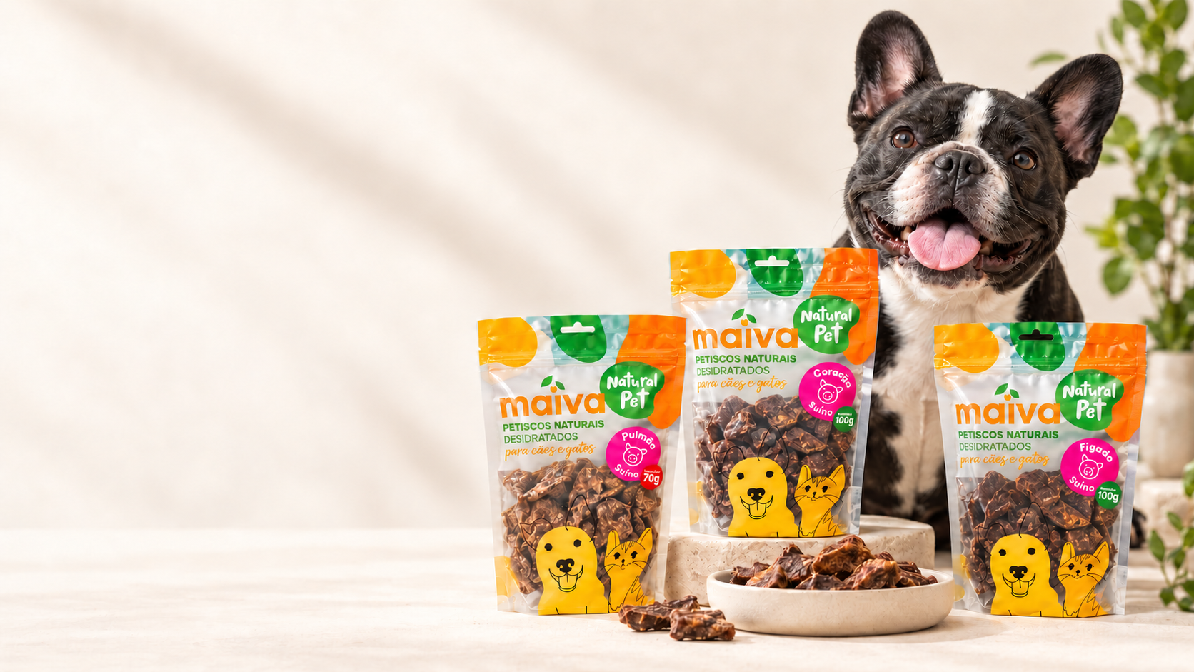 Cão com embalagens de snacks naturais Maiva